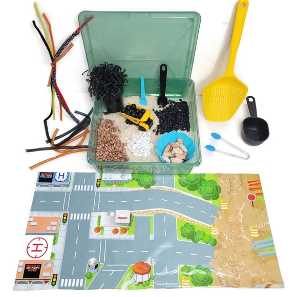 Sensory bin construction site with dump truck rocks rice beans scoops and more! - Picture 7 of 8